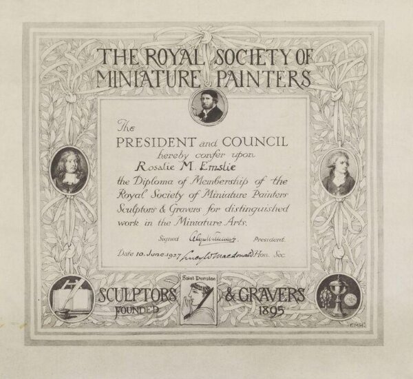 Unknown, Printed certificate for membership of 'The Royal Society of Miniature Painters', issued for Rosalie M. Emslie