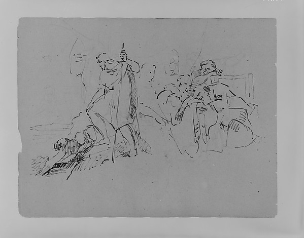 Thomas Sully, Man and Dog Overlooming Distant Landscape; Seated Man Collapsing, Attended by Three Figures (from Sketchbook)