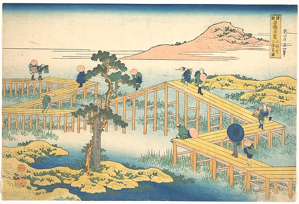 Katsushika Hokusai, Ancient View of Yatsuhashi in Mikawa Province (Mikawa no Yatsuhashi no kozu), from the series Remarkable Views of Bridges in Various Provinces (Shokoku meikyō kiran)