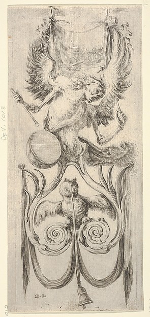 Stefano della Bella, Death beating a drum above, an owl and a bell attached to a ribbon below, from "Ornaments or Grotesques" (Ornamenti o Grottesche)