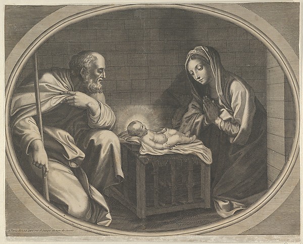 Anonymous, The Virgin kneeling in prayer before the infant Christ who is lying on a wooden box, Saint Joseph at left, a mule at right, in an oval frame, after Reni