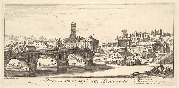 Giovanni Battista Piranesi, Plate 14: Senatorial Bridge, today called the Ponte Rotto (Broken Bridge). 1. Temple of Vesta. 2. Temple of Fortuna Virilis. 3. Part of the ancient Palatine. (Ponte Senatorio oggi detto Ponte rotto), from "Antichità Romane de' Tempi della Repubblica, e de' primi Imperatori"
