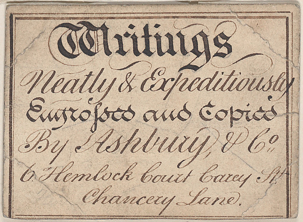Anonymous, British, 19th century, Trade Card for Ashbury & Co., Printer