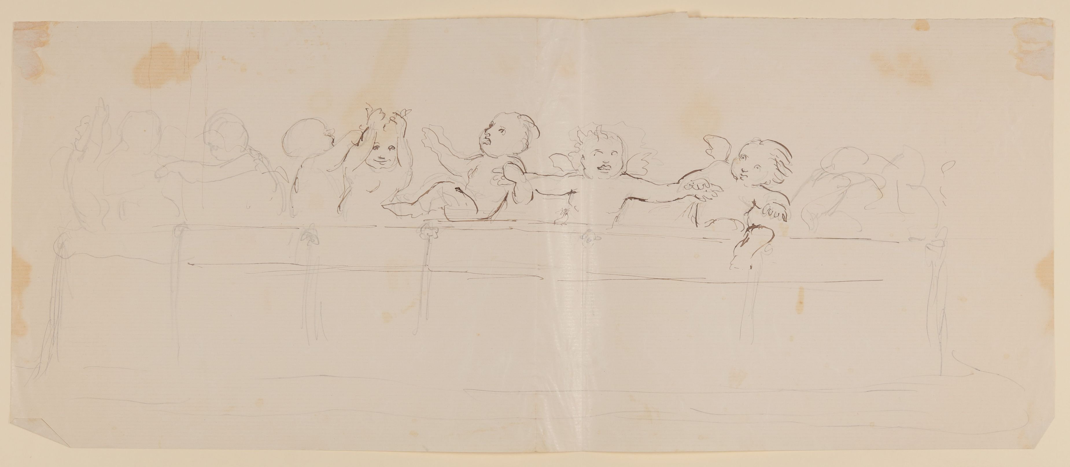 Gisela von Arnim, Acht spielende Engelchen über einer Balustrade [aus einer Mappe mit Skizzenblättern von Gisela von Arnim und Herman Grimm]