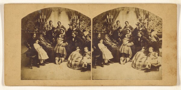Unknown, [Genre: group of people in a parlor, woman at center holding man on his knee in her lap]