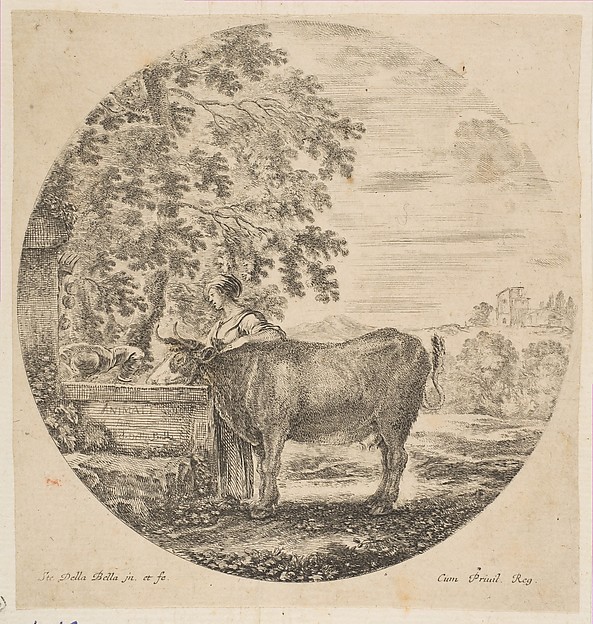 Stefano della Bella, A peasant woman with a cow at a fountain decorated with the Medici arms, from "Six animal subjects" (Six sujets d'animaux)