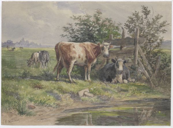 Kikkert, Jan Elias, (1843-1925), (artist), Landscape with cows (verso: Sketch of a building)