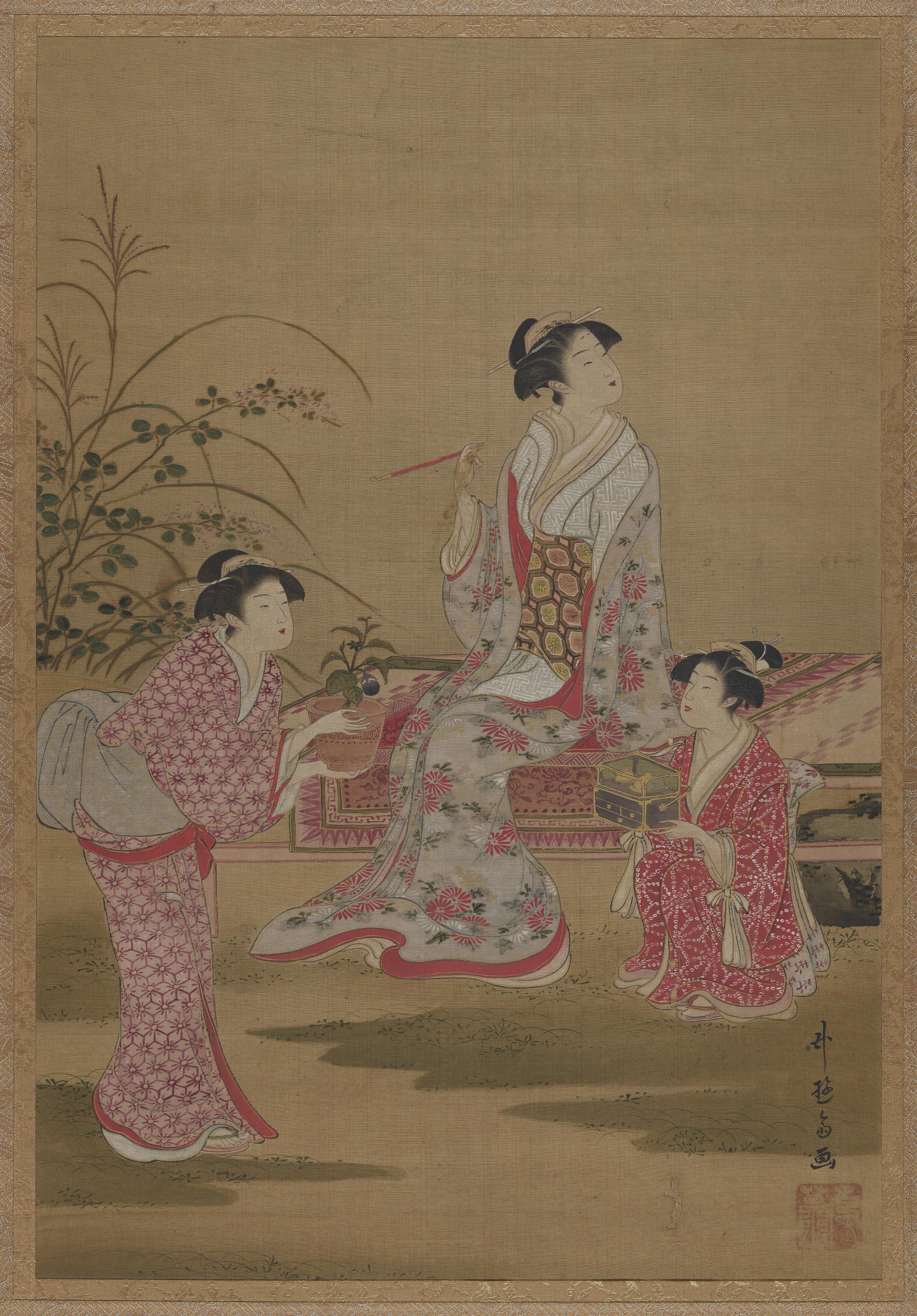 Unknown artist, Young woman, with two girl attendants, seated in a garden
