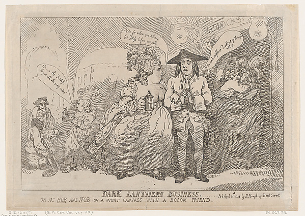 Thomas Rowlandson, Dark Lanthern Business, or, Mrs. Hob and Nob On a Night Canvass With a Bosom Friend