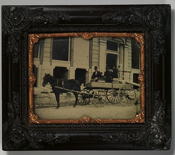Unknown, [Three Men Seated in a Horse-Drawn Buggy in Front of a Building Under Construction]