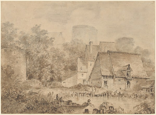 Jean Honoré Fragonard, Farm Buildings beside a Waterway
