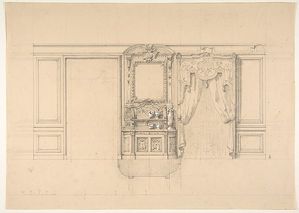 Jules-Edmond-Charles Lachaise, Elevation of a dining room with a carved buffet and window draperies