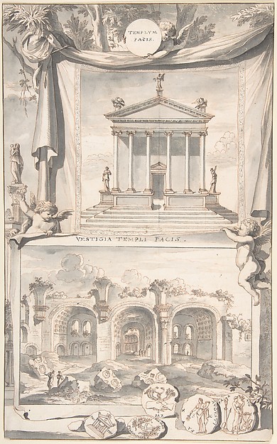 Jan Goeree, A Reconstruction of the Templum Pacis (above) and a View of the Ruins (below)