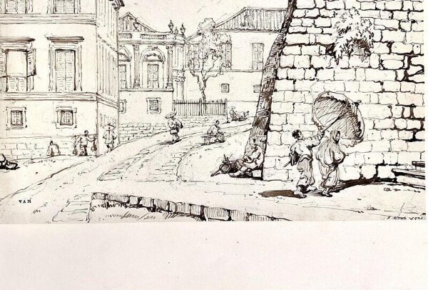 George Chinnery, Street scene in Macau, with figures beneath a stone bastion