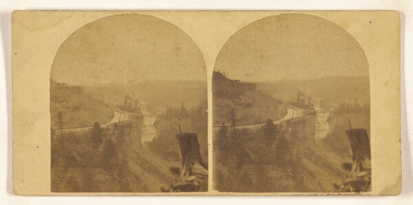 New York Stereoscopic Company, Genesee Falls, Portage, N.Y. View up the Genesee River from the High Bank below the Middle Falls. The Railroad Bridge...Canal.