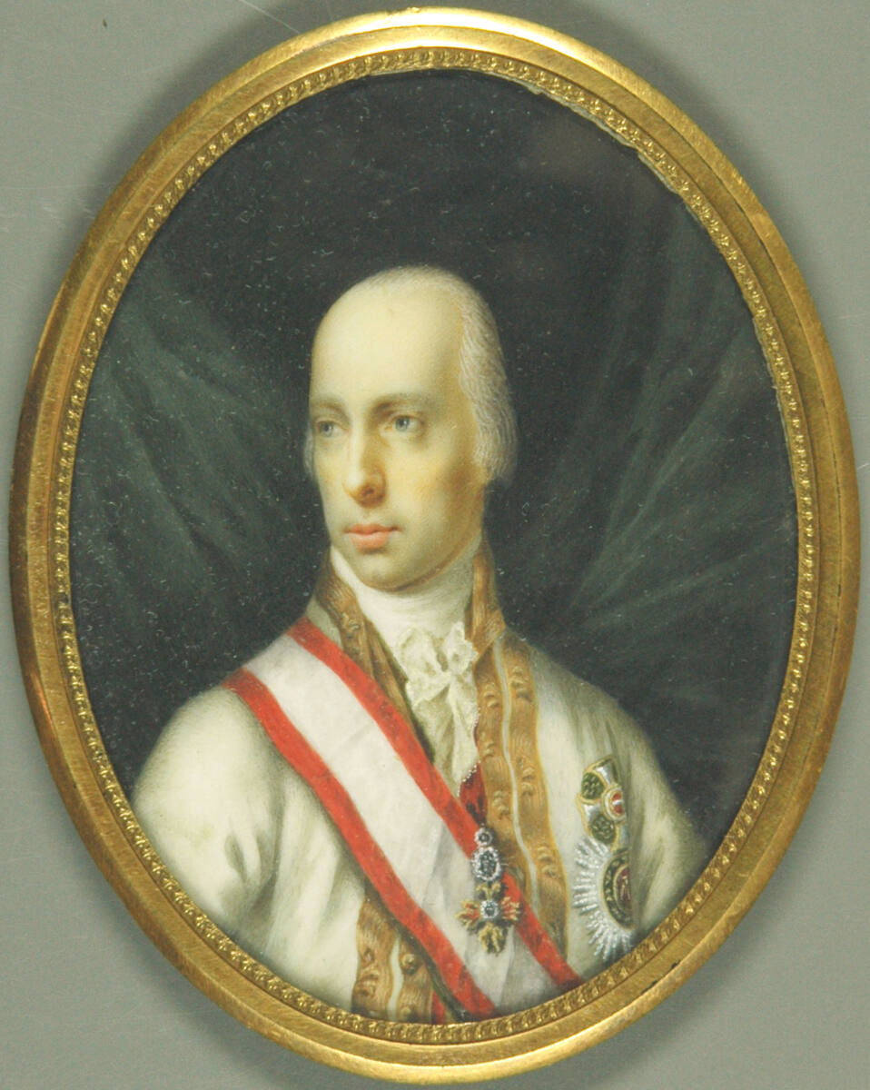 Anonym, Franz I. Kaiser von Österreich (1768-1835), in weißer Feldmarschallsuniform mit dem Orden vom Goldenen Vlies, dem königlich ungarischen Stephans- und dem militärischen Maria Theresienorden
