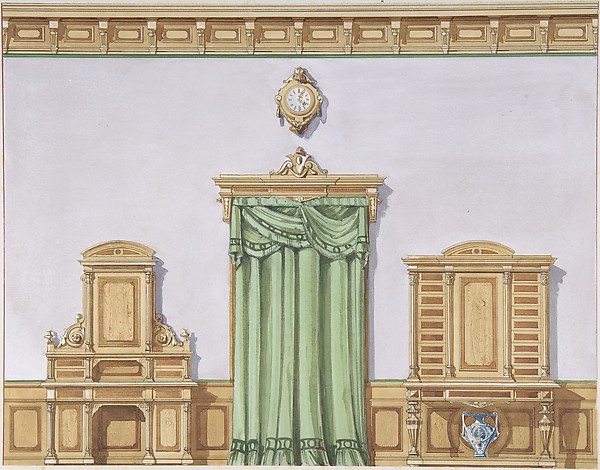 Anonymous, British, 19th century, Interior Design with a Central Door Covered by Green Drapery and Two Cabinets