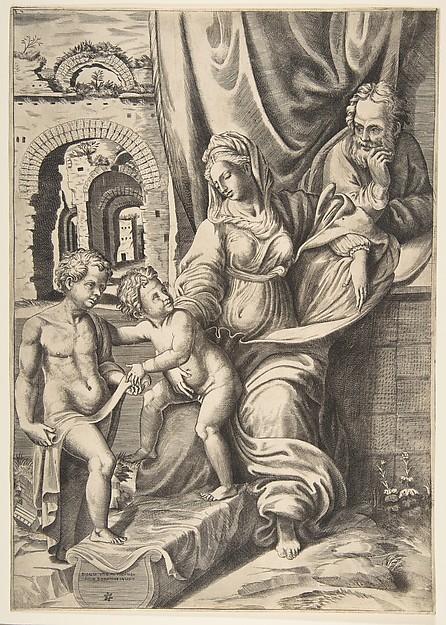 Giulio Bonasone, The Holy Family and the infant John the Baptist