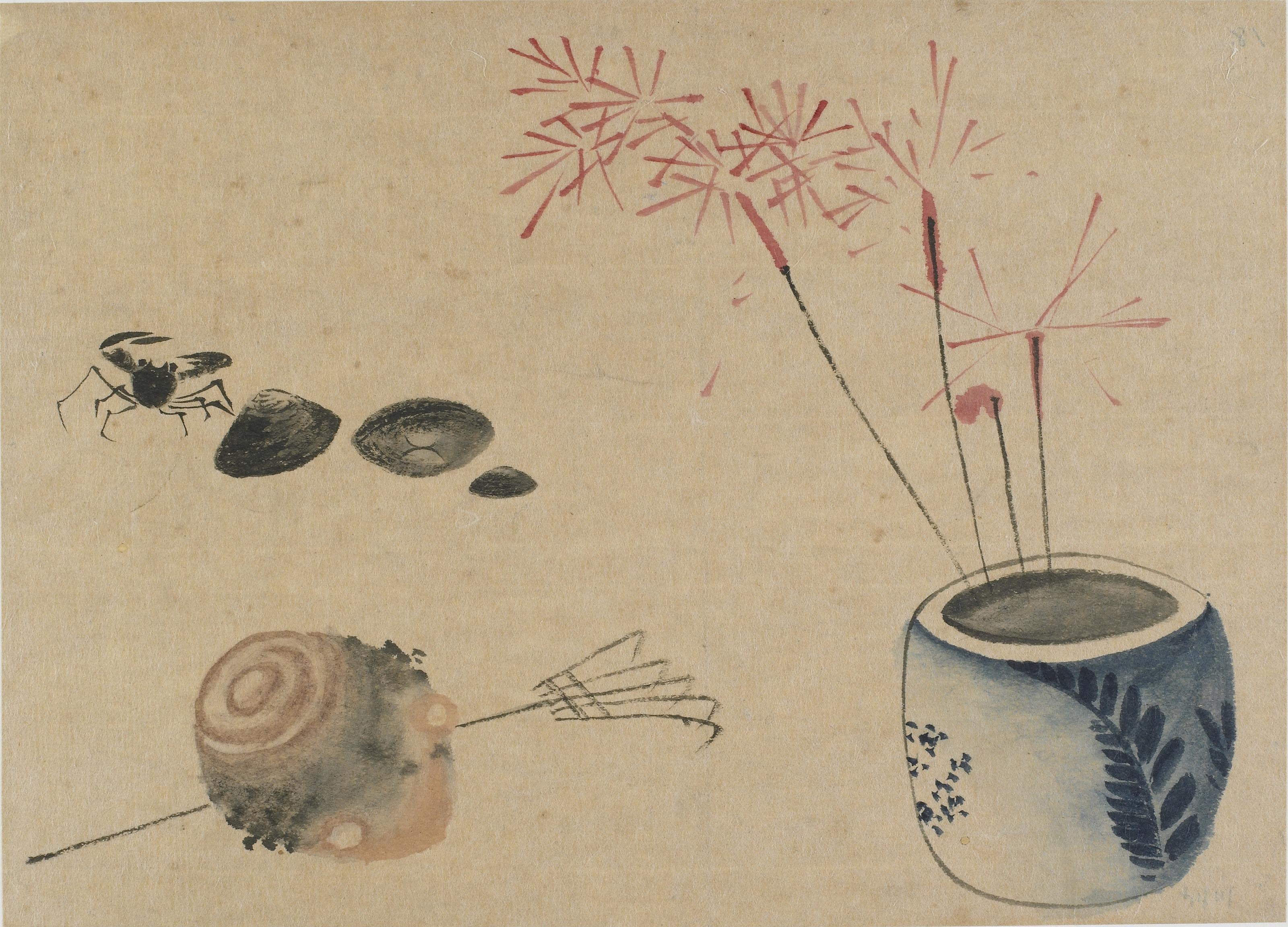 Katsushika Hokusai, Sparklers, crab and bulb