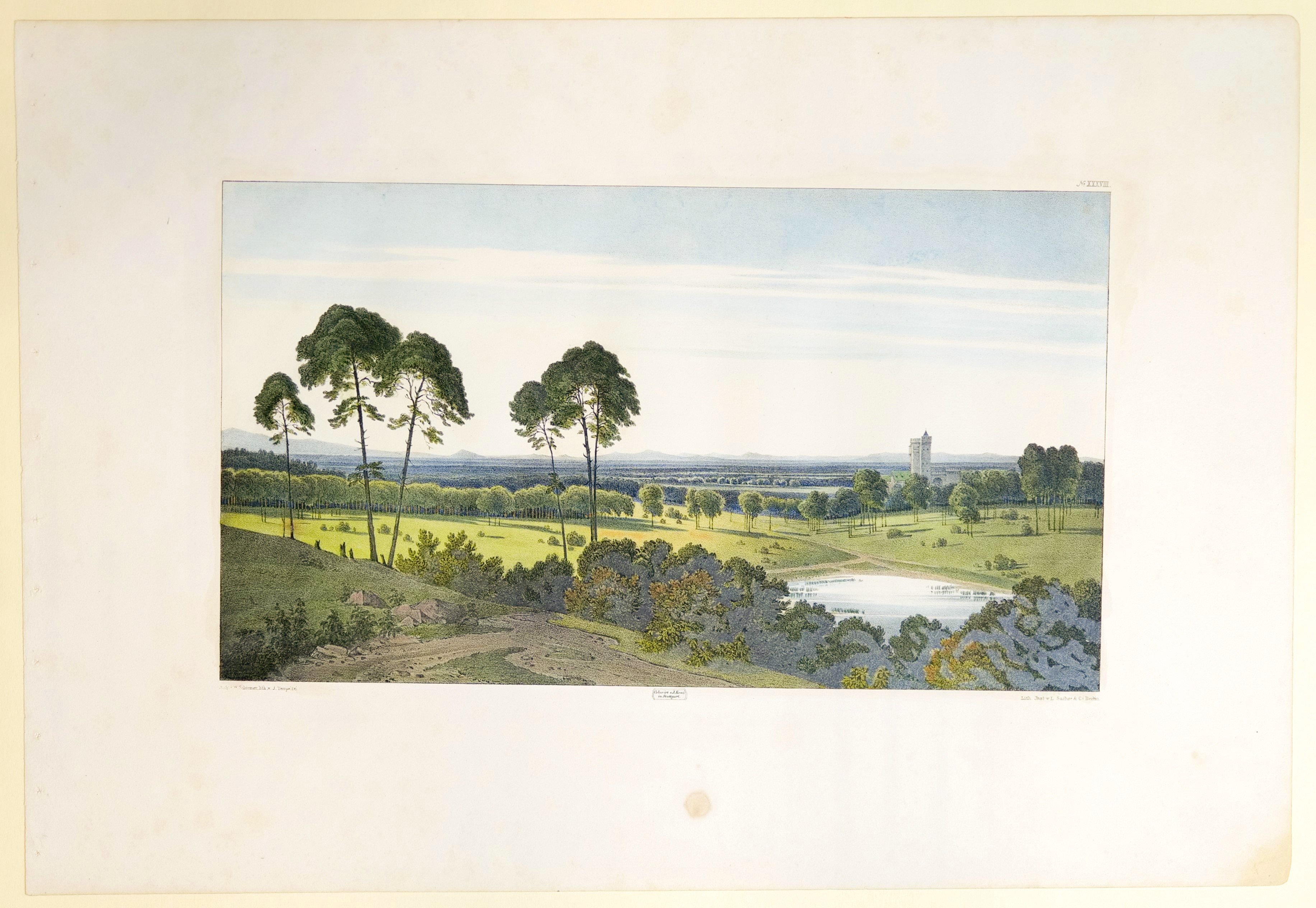 Friedrich Julius Tempeltey, Blick über das weite Land auf das Riesengebirge. Rechts vorn die Burg, Tafel XXXVIII der "Andeutungen über Landschaftsgärtnerei"