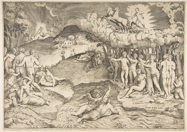 Giulio Bonasone, The triumph of love, cupid riding a chariot drawn by unicorn is in the upper right, naked figures fill the composition