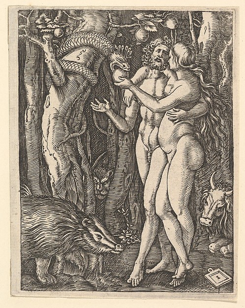 Marcantonio Raimondi, Adam and Eve with apple and serpent, from "The Passion of Christ", after Dürer