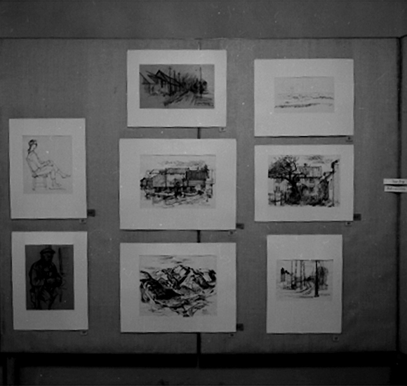 Knut Borg, Inga Berg’s exhibition at the Concert Hall, interior of the exhibition hall, boards.