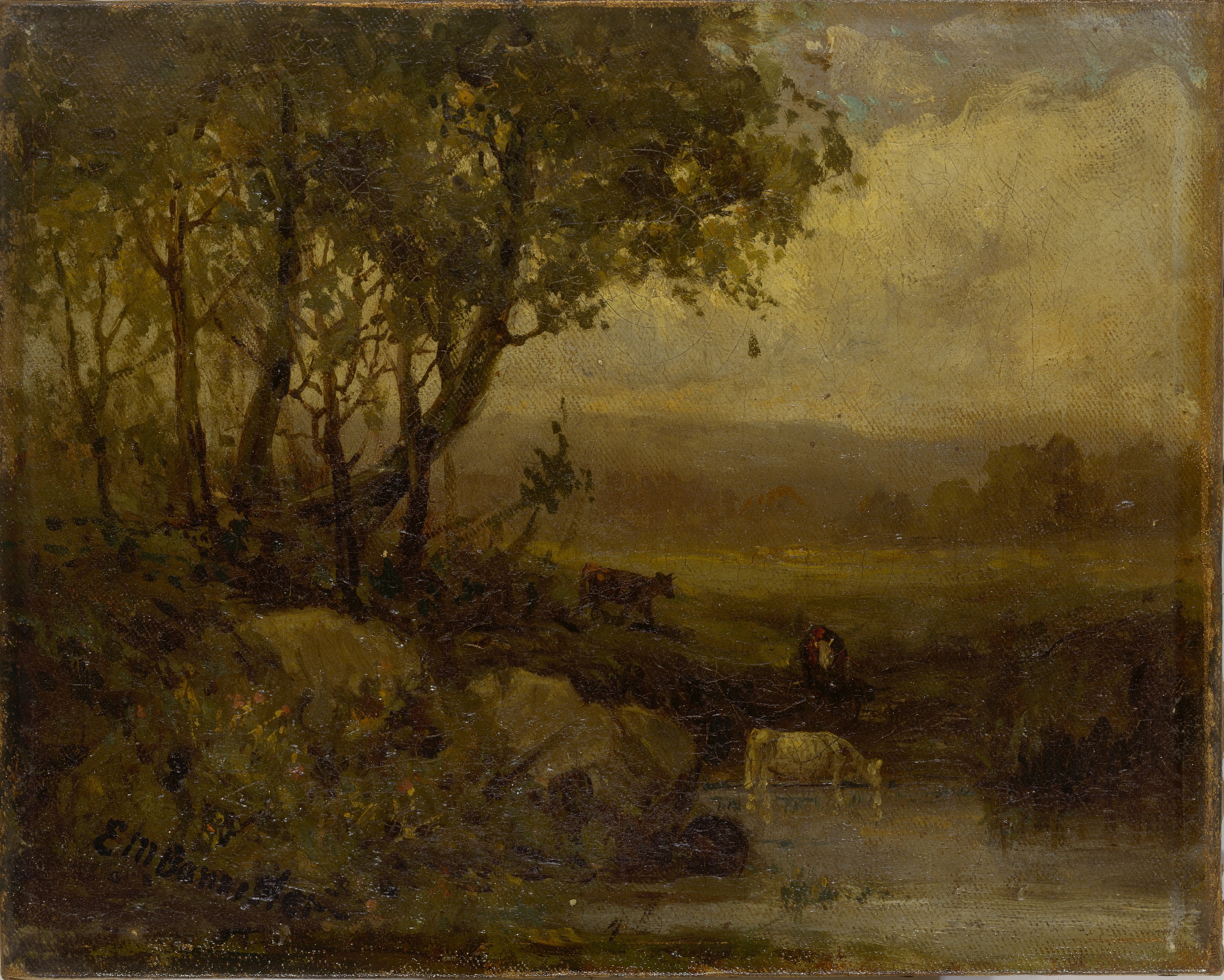 Edward Mitchell Bannister, Untitled (landscape, riverbank, three cows)