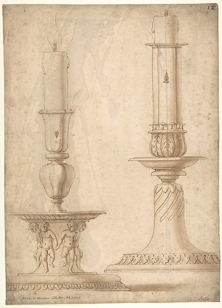Giulio Romano, Design for Two Candlesticks with decorated Bases