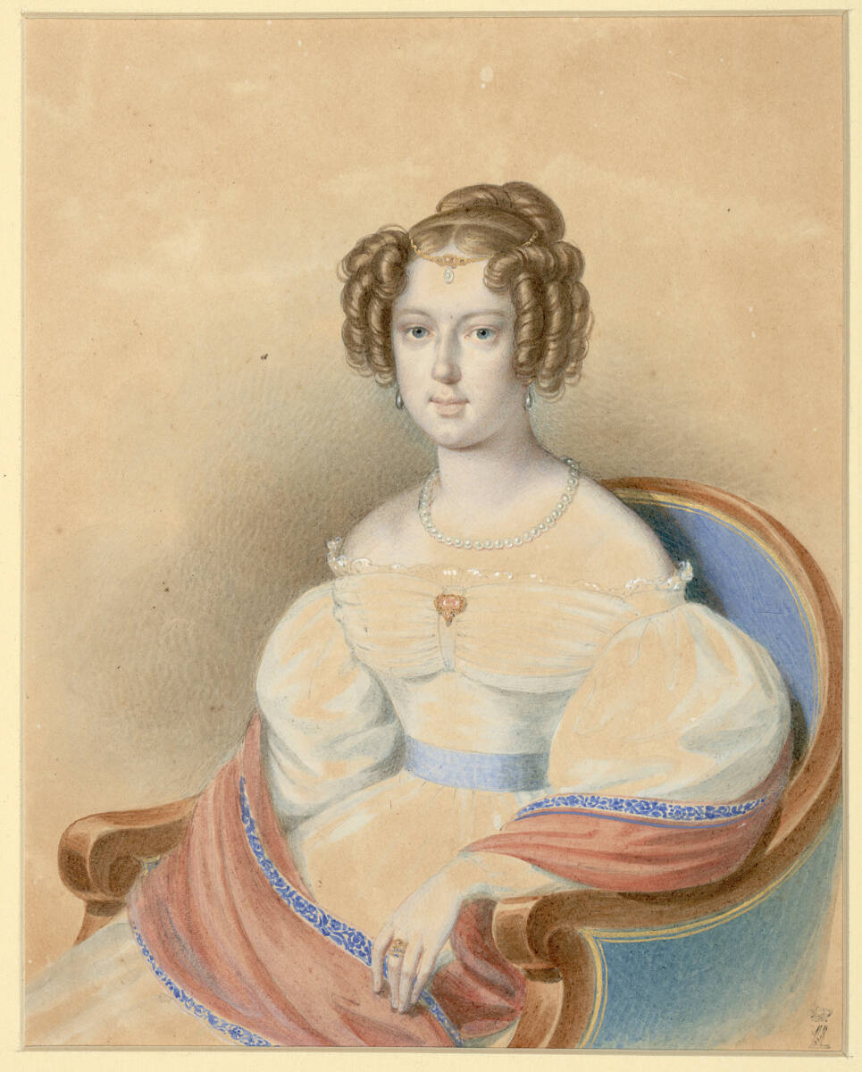 Anonym, Clementine Erzherzogin von Österreich (in einem Sessel nach links, mit Brosche)