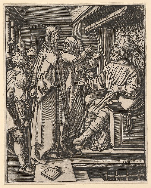Marcantonio Raimondi, Christ standing, hands tied behind back, before Herod seated on throne, from "The Passion of Christ", after Dürer
