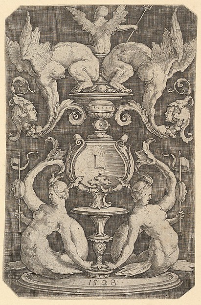 Lucas van Leyden, Panel of Ornament with Two Sirens