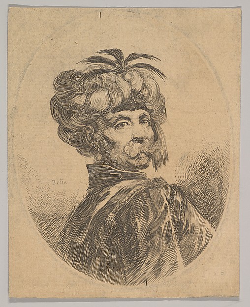 Stefano della Bella, A Turkish man with a moustache, wearing a turban decorated with five egret feathers, turned three-quarters to the right, from "Several heads in the Persian style" (Plusieurs têtes coiffées à la persienne)
