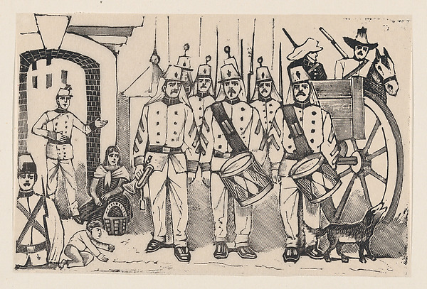José Guadalupe Posada, A marching band standing in a street, illustration from 'La gorra del cuartel'
