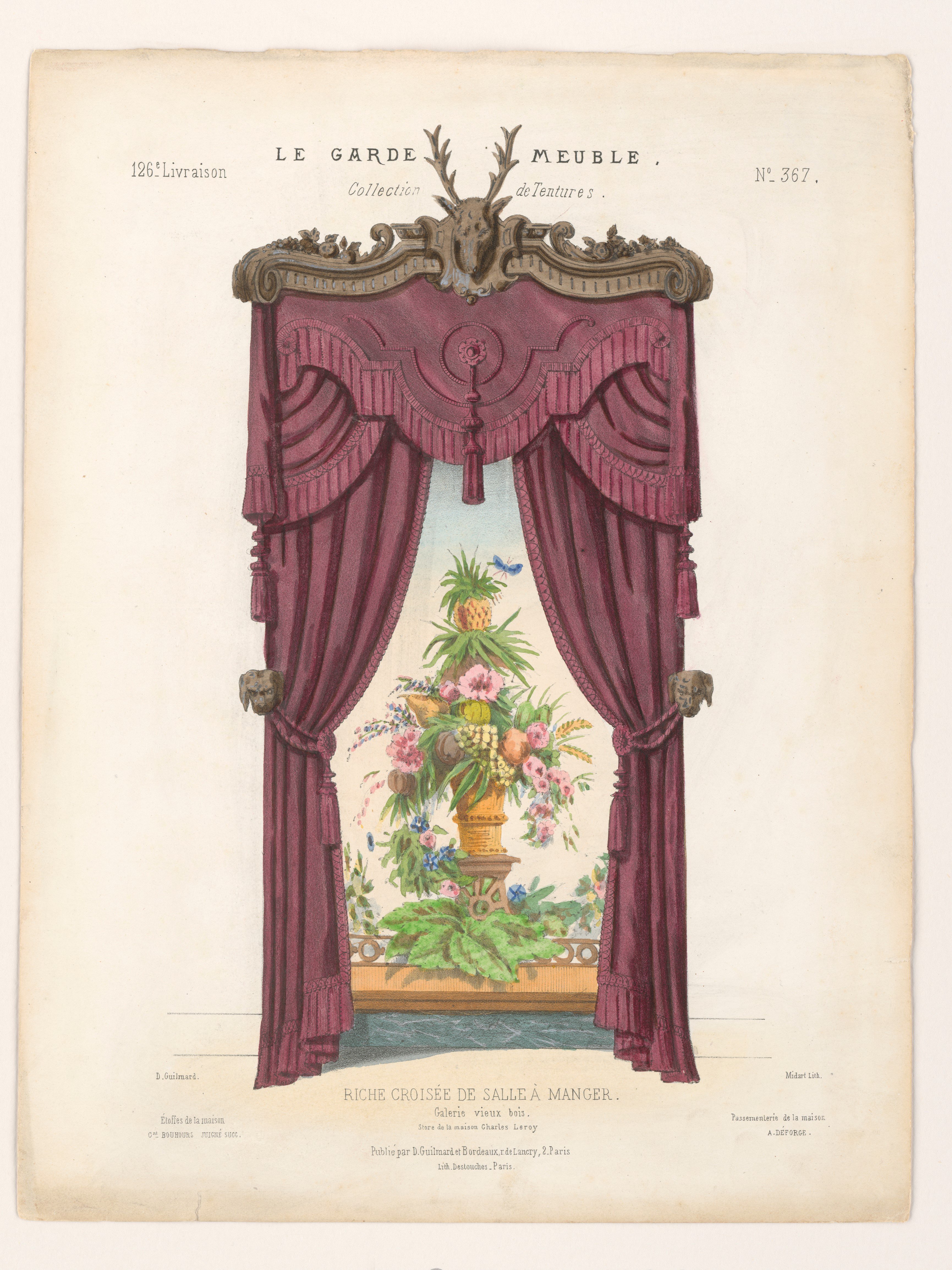 Louis Laurent Raze, "Riche Croisée de Salle à Manger. Galerie vieux bois. Store de la maison Charles Leroy.", aus: Le Garde-meuble