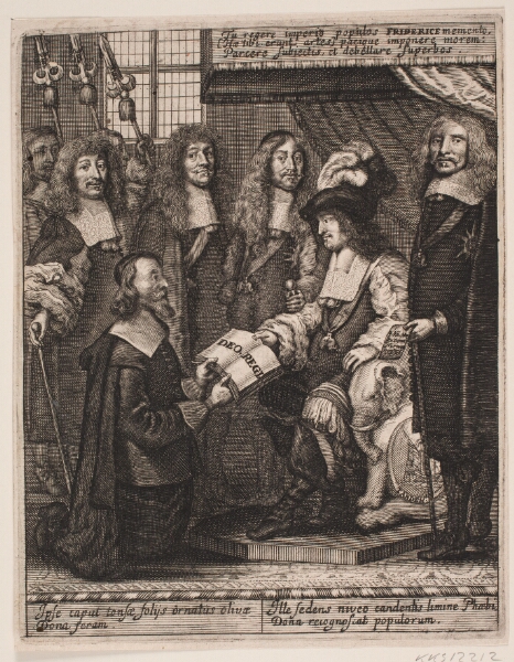 Albert Haelwegh, Simon Paulli overrækker Frederik III en bog. Illustration til Simon Paulli, "Quadripartitum Botanicum", 1667