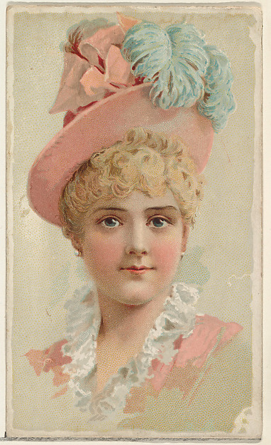 W. Duke, Sons & Co., Actress wearing pink hat with blue feathers, from Stars of the Stage, First Series (N129) issued by W. Duke, Sons & Co. to promote Honest Long Cut Tobacco