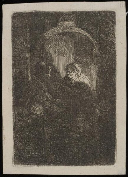 Rembrandt van Rijn, Woman at a door hatch talking to a man and children (The Schoolmaster)