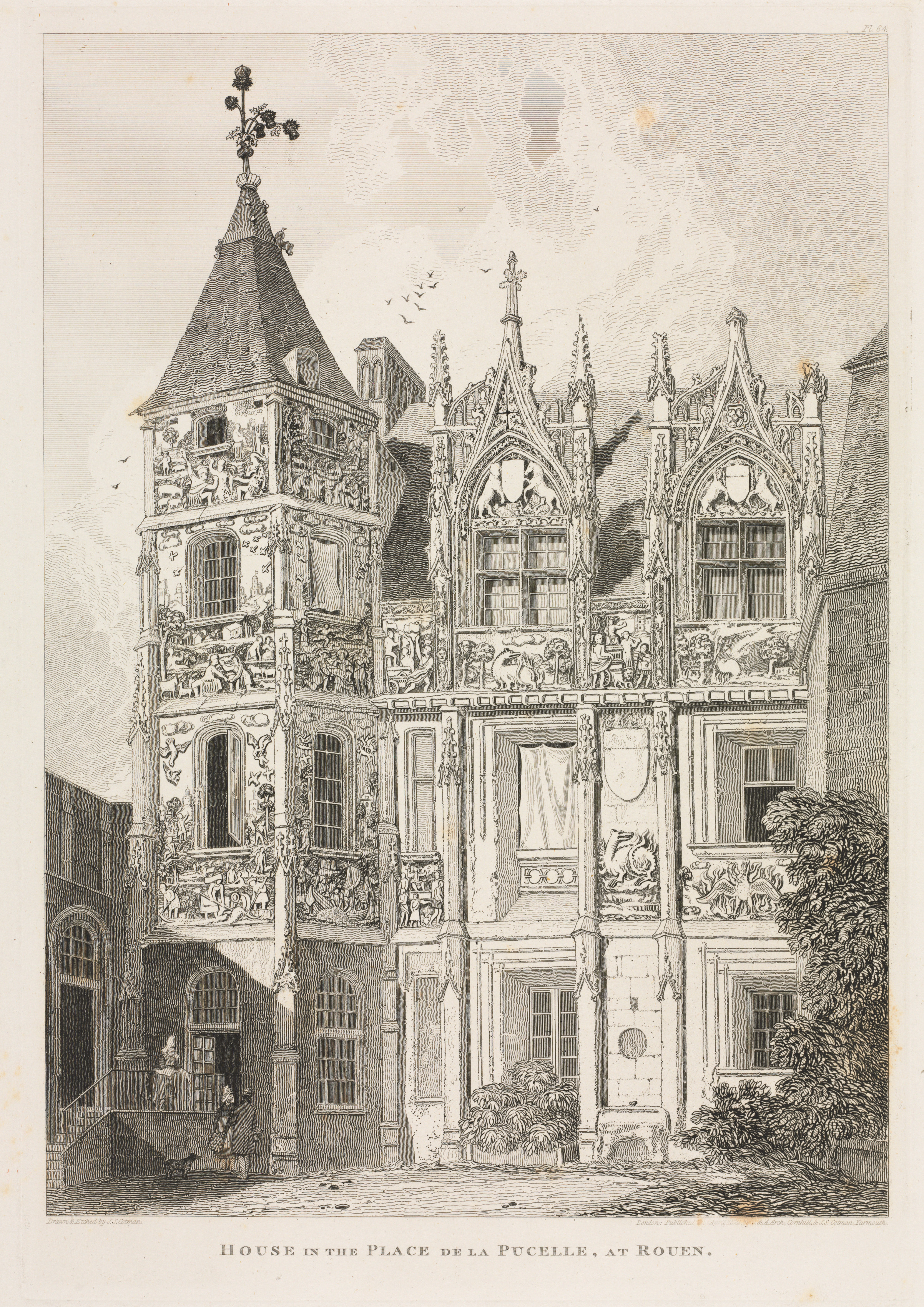 John Sell Cotman, Architectural Antiquities of Normandy (Vol. II), Pl. 64:  House in the Place de la Pucelle, at Rouen