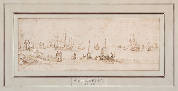 Hendrick (Cornelisz) Vroom, A Fleet of Men-o-War with Figures on the Shore
