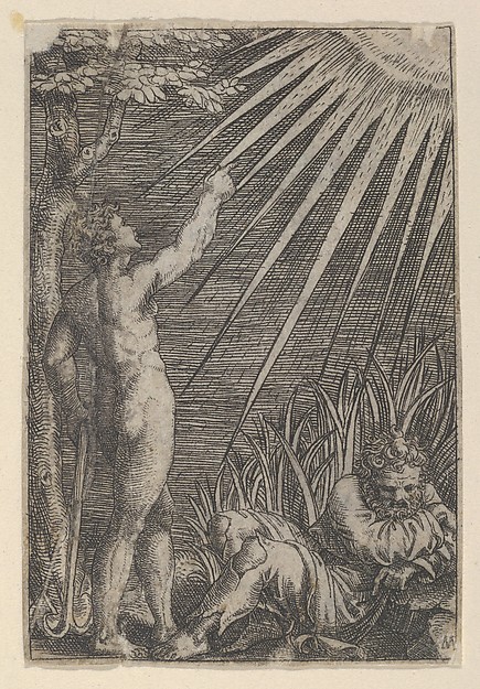 Marcantonio Raimondi, An old man reclining on the ground at right; at left a naked younger man standing pointing toward the sun with and leaning on an anchor