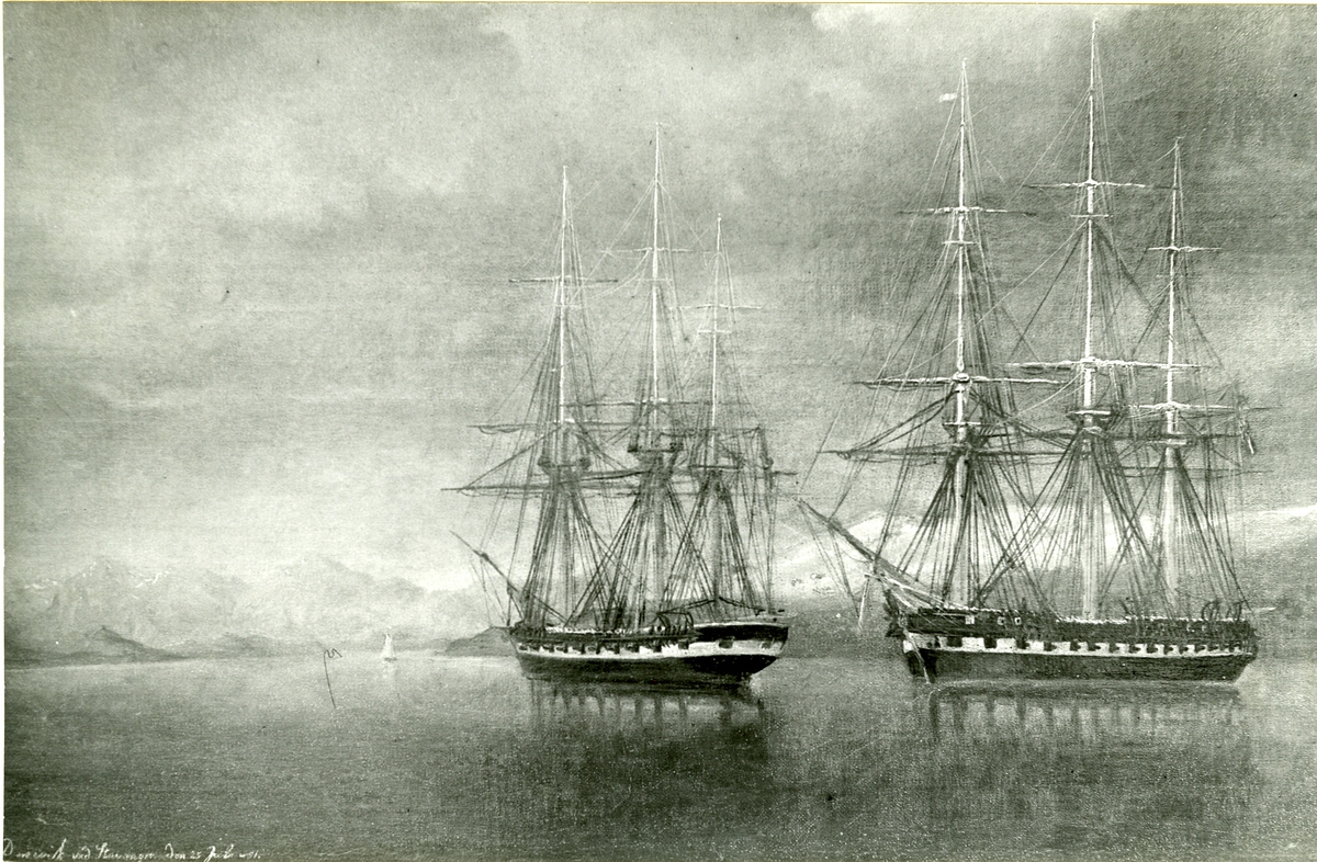 Okänd fotograf, Fregatten Josephine och Korvetten Lagerbielke vid Dusevik i Norge, studie. Oljemålning 1851. Storlek 35 x 54 cm.