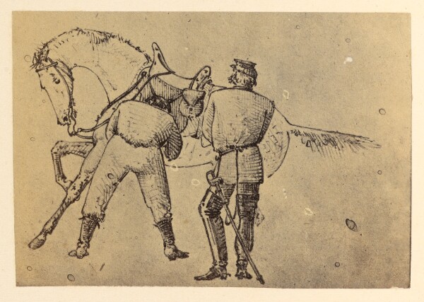 Unknown, [Drawing of two soldiers saddling horse]