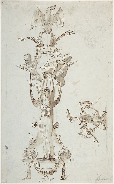 Giuseppe Bernardino Bison, Ornamental Design with Caryatid Figure Standing on Stool and Holding a Bowl; Puttis on the Sides Hold Drapery and Support Base with an Eagle; on the Right Side Decorative Figures with Acanthus surmounted by Flowing.