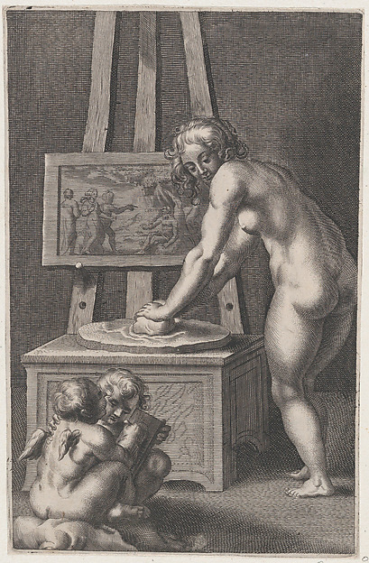 Anonymous, Pictura: allegory of painting, with a nude woman at center grinding pigments, two putti drawing at lower left