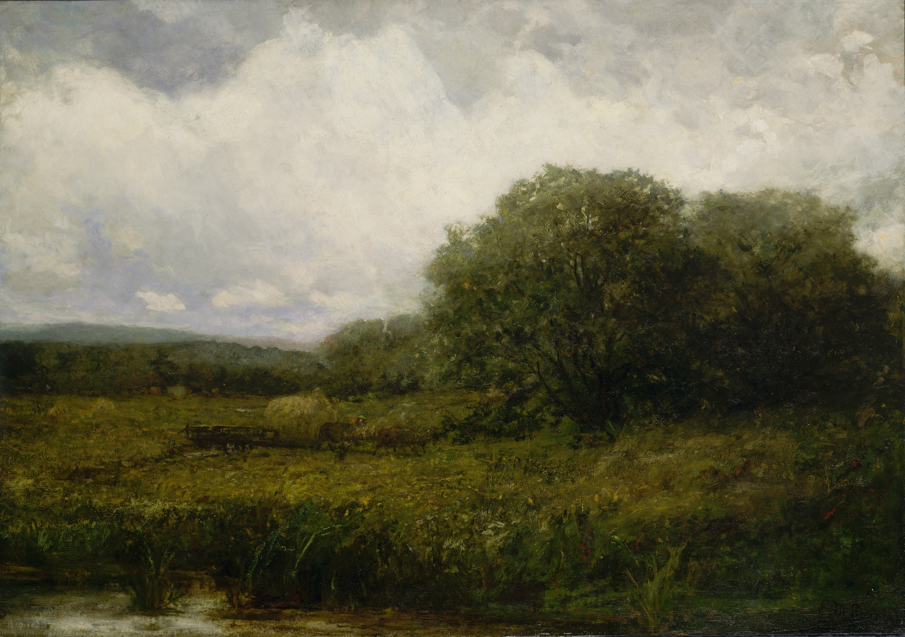 Edward Mitchell Bannister, Untitled (landscape with oxen and haycart crossing bridge)