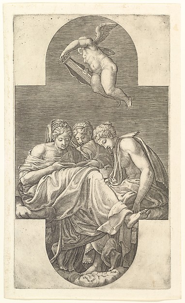 Giorgio Ghisi, Three Muses and a Putto with a Lyre, a cruciform composition, from a series of eight compositions after Francesco Primaticcio's designs for the ceiling of the Gallery of Ulysses (destroyed 1738–39) at Fontainebleau