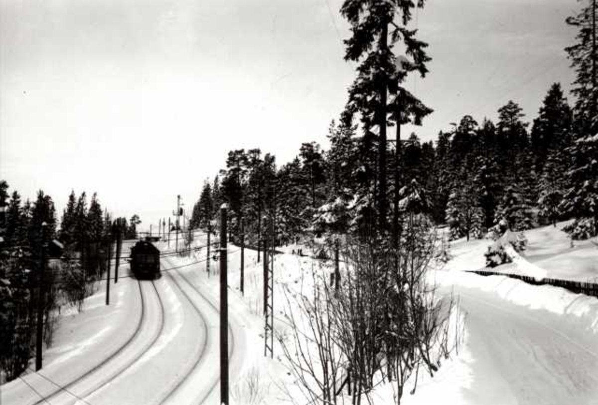 Hermann Christian Neupert, Holmenkollbanen, Nordmarka, Oslo. Vinterskog med vei og bane.