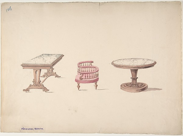 Anonymous, British, 19th century, Design for a Rectangular and Round Marble-topped Tables and a Tête-à Tête Chair