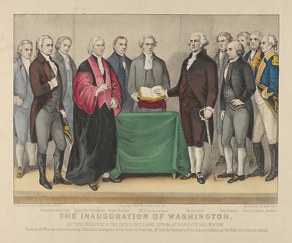Currier & Ives, The Inauguration of Washington as First President of the United States, April 30th 1789 – At the Old City Hall, New York – The oath of office was administered by Chancellor Livingston of the State of New York – Mr. Otis the Secretary of the Senate holding up the Bible on a crimson cushion